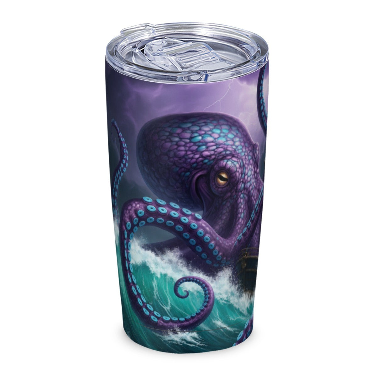 Tumbler with a purple octopus design on a white background