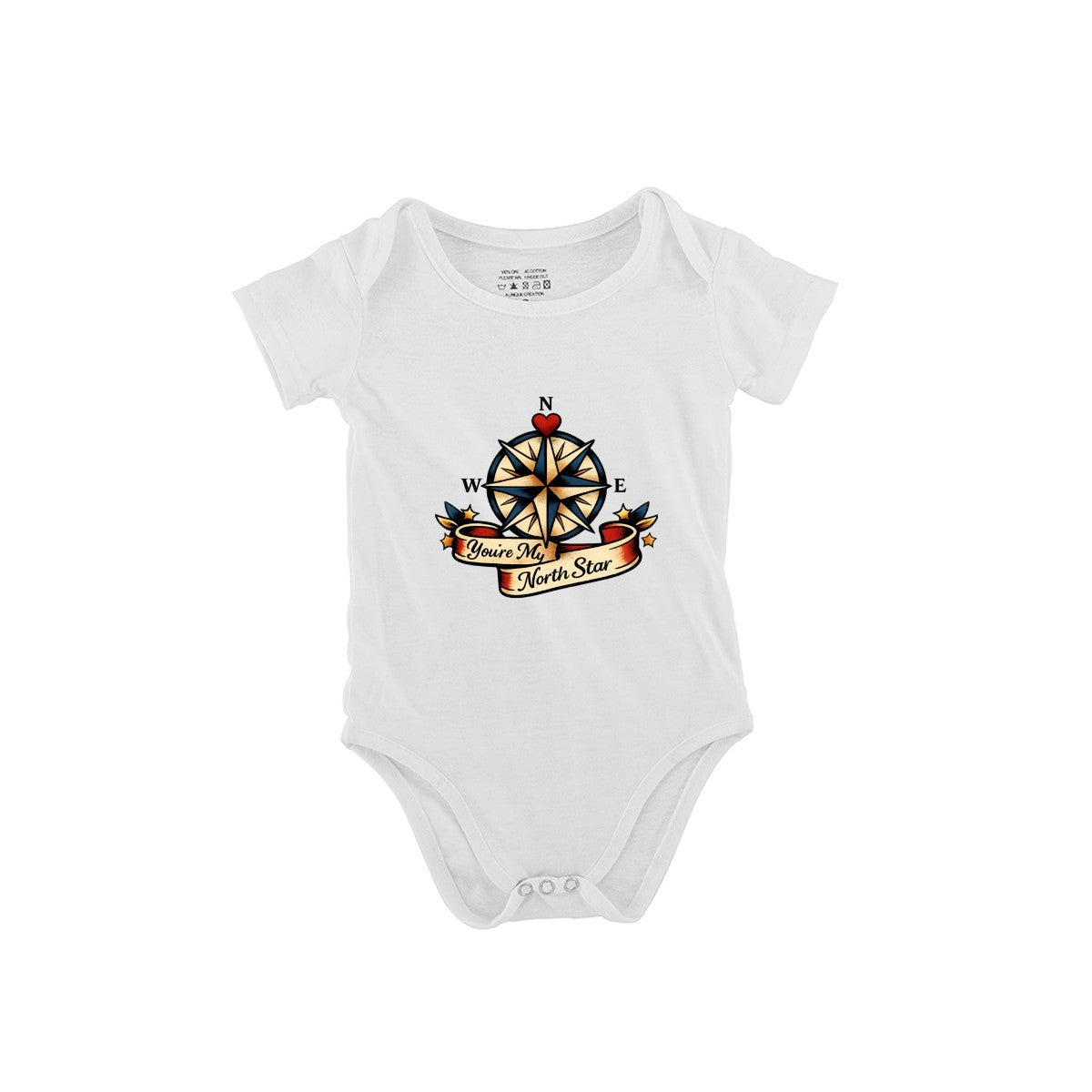 White baby onesie with a compass design and text on a white background