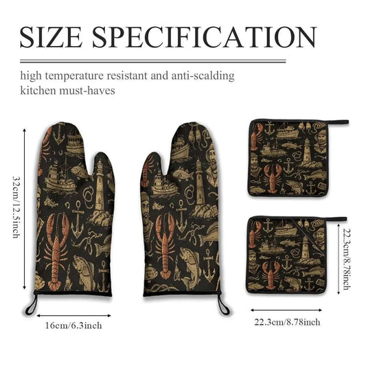 Harbor Catch Kitchen Guard Set – Fisherman Pattern Oven Mitts & Pot Holders | Coastal Kitchen Accessories Thermal Insulation Protective jjkks4-13