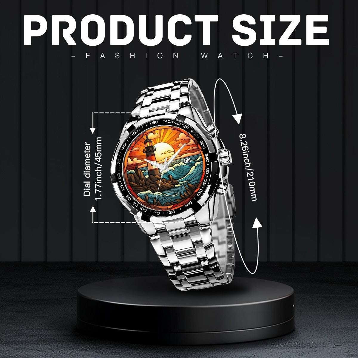 Sunset Sentinel Stained Glass Lighthouse Watch | Atlantic Coastal Art Timepiece