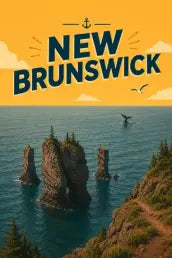 Vintage-style New Brunswick travel poster featuring a cliff-top view of the Hopewell Rocks at high tide with a whale tail in the Bay of Fundy beneath a warm golden sky.