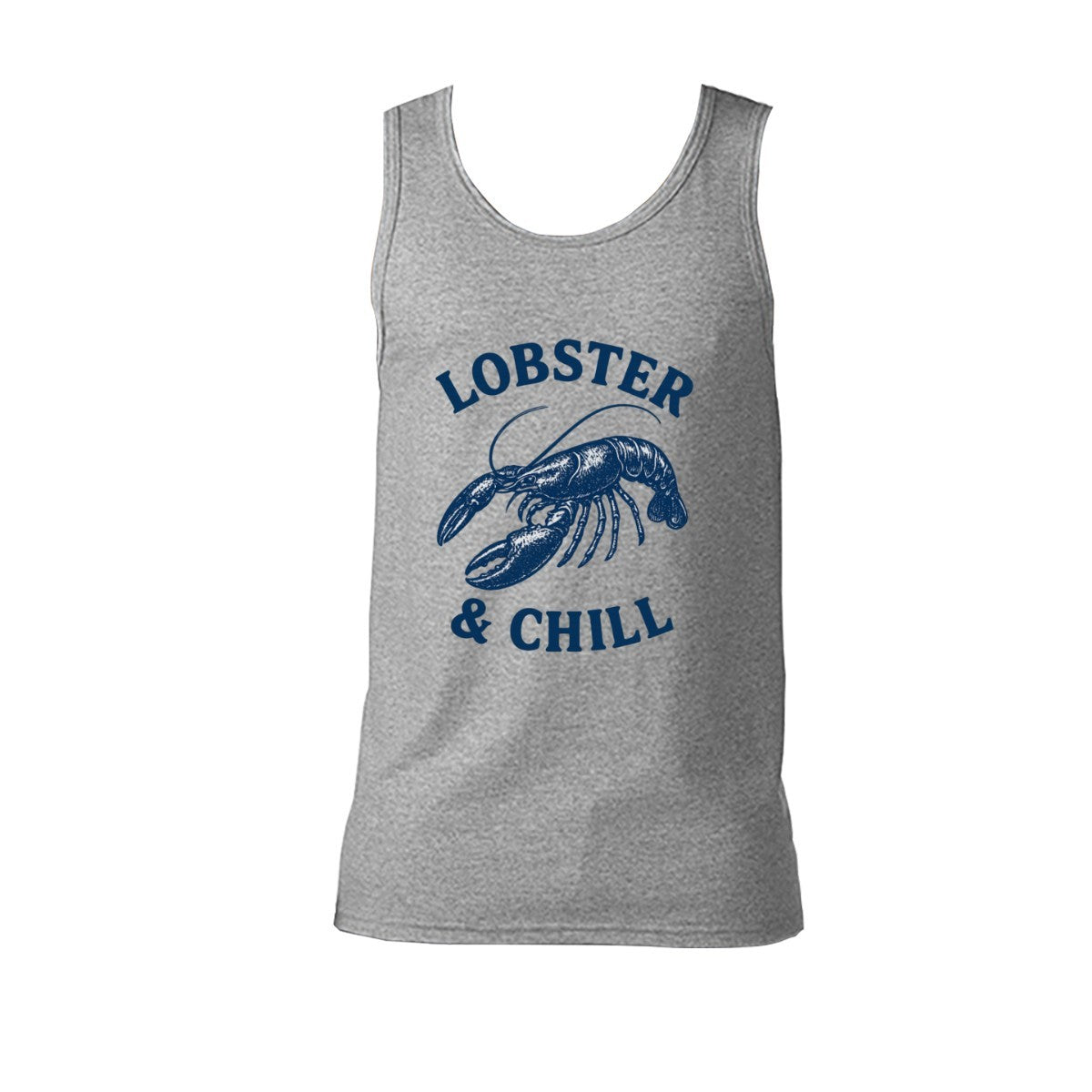 Gray tank top with blue lobster and 'LOBSTER & CHILL' text on a white background