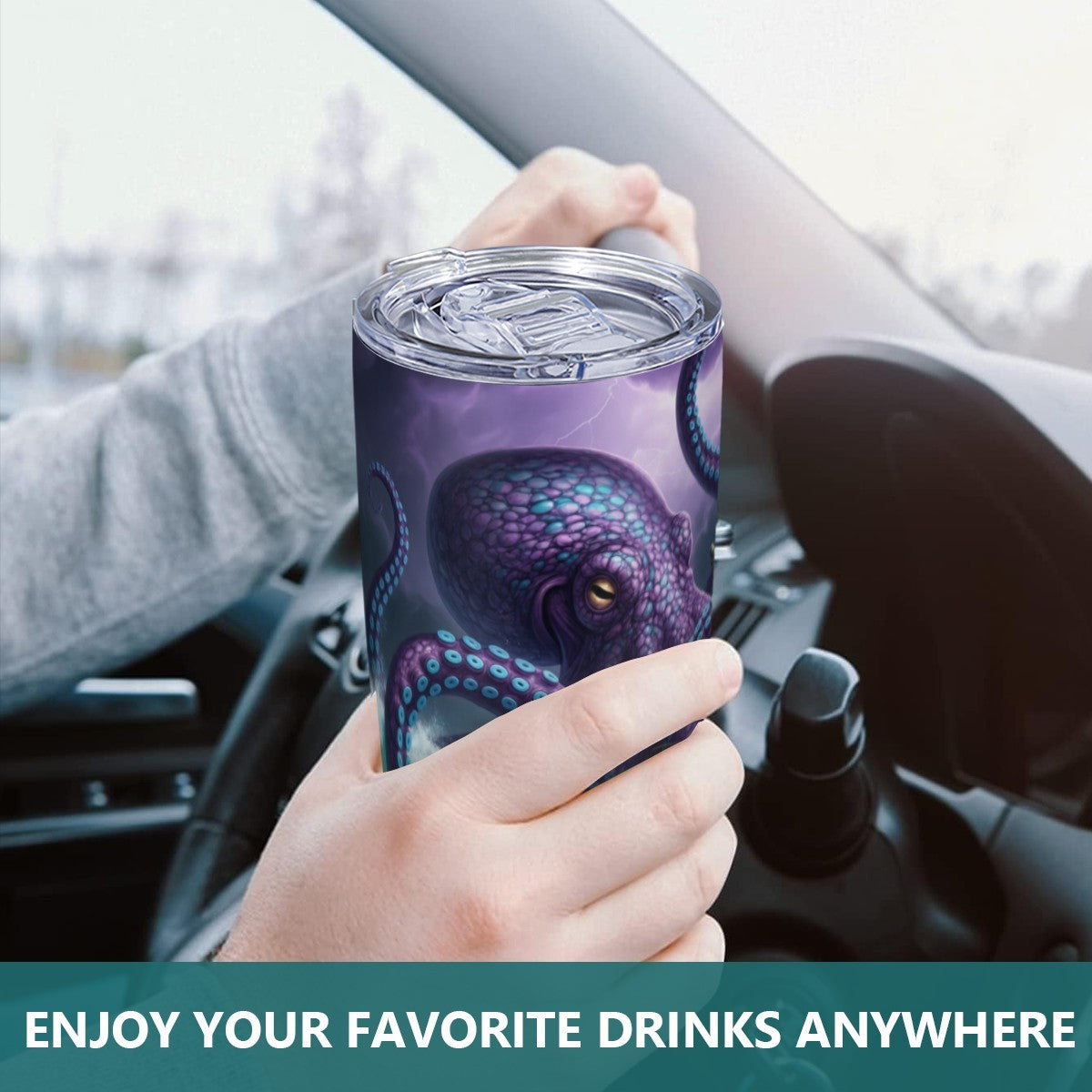 Person holding a purple tumbler with an octopus design inside a car, text 'Enjoy your favorite drinks anywhere'.