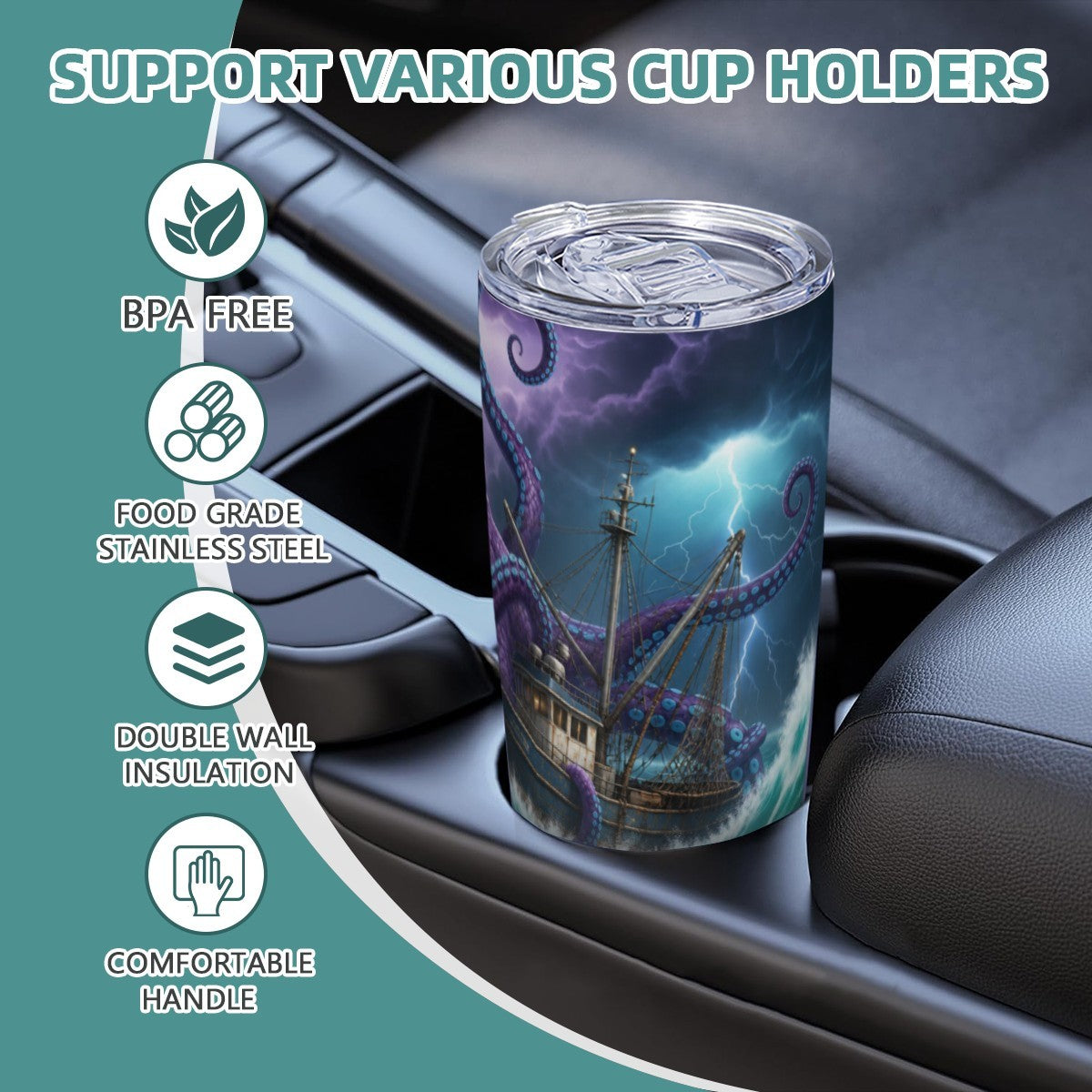 Tumbler with octopus design in a car cup holder, featuring text on benefits.