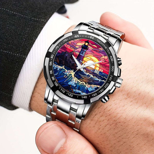 Crimson Horizon Stained Glass Lighthouse Watch Apparel Accessories jjkks4-13
