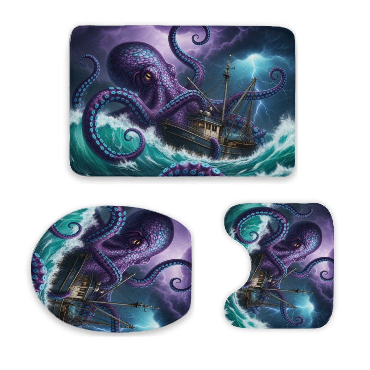 Bath mat set with a purple octopus and ship design on a white background