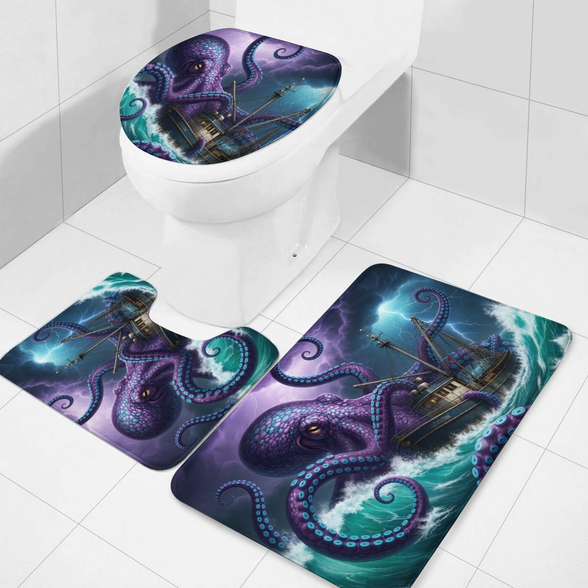 Toilet set with octopus and ship design on a white tiled bathroom floor.