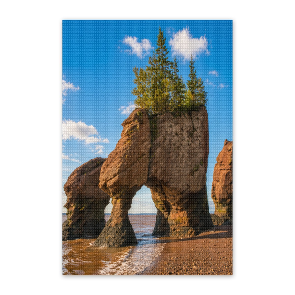Stylized image of rock formations with trees on top against a blue sky.