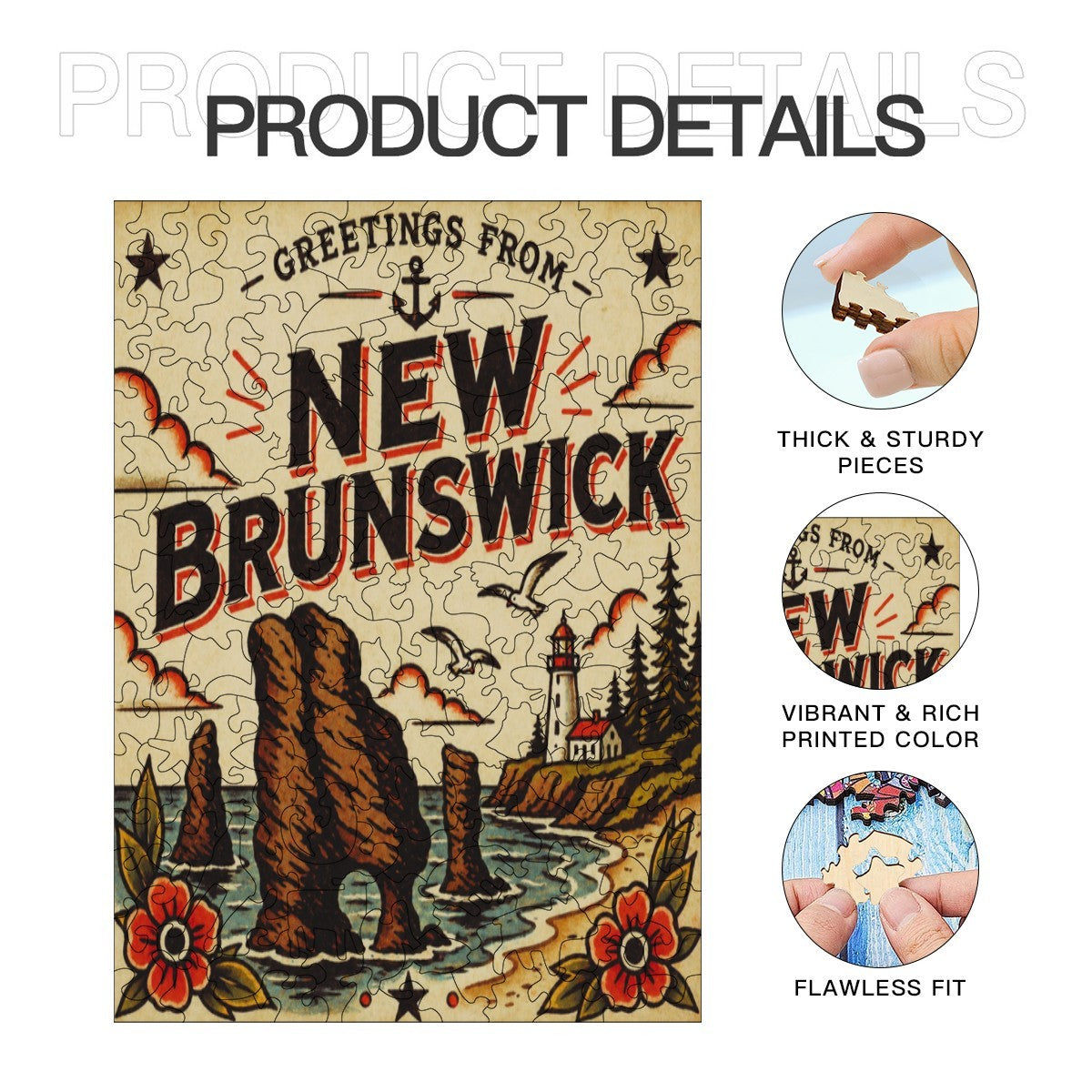 Jigsaw puzzle packaging with 'Greetings from New Brunswick' design, featuring a bear, lighthouse, and floral elements.