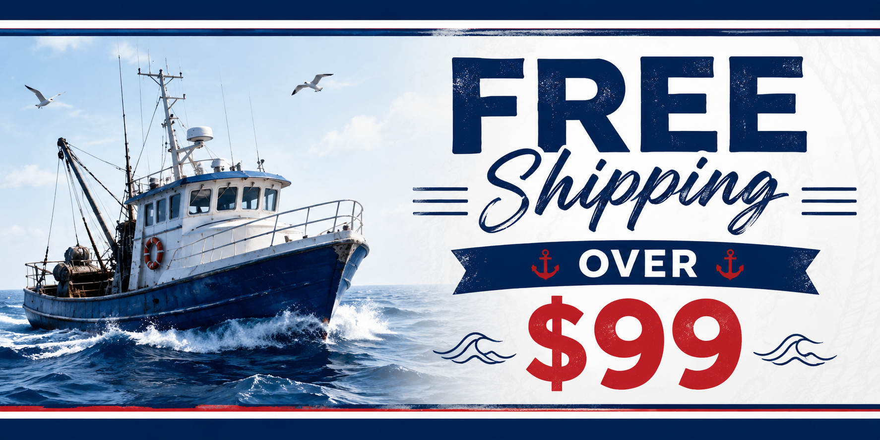 Boat on water with free shipping promotional text overlay