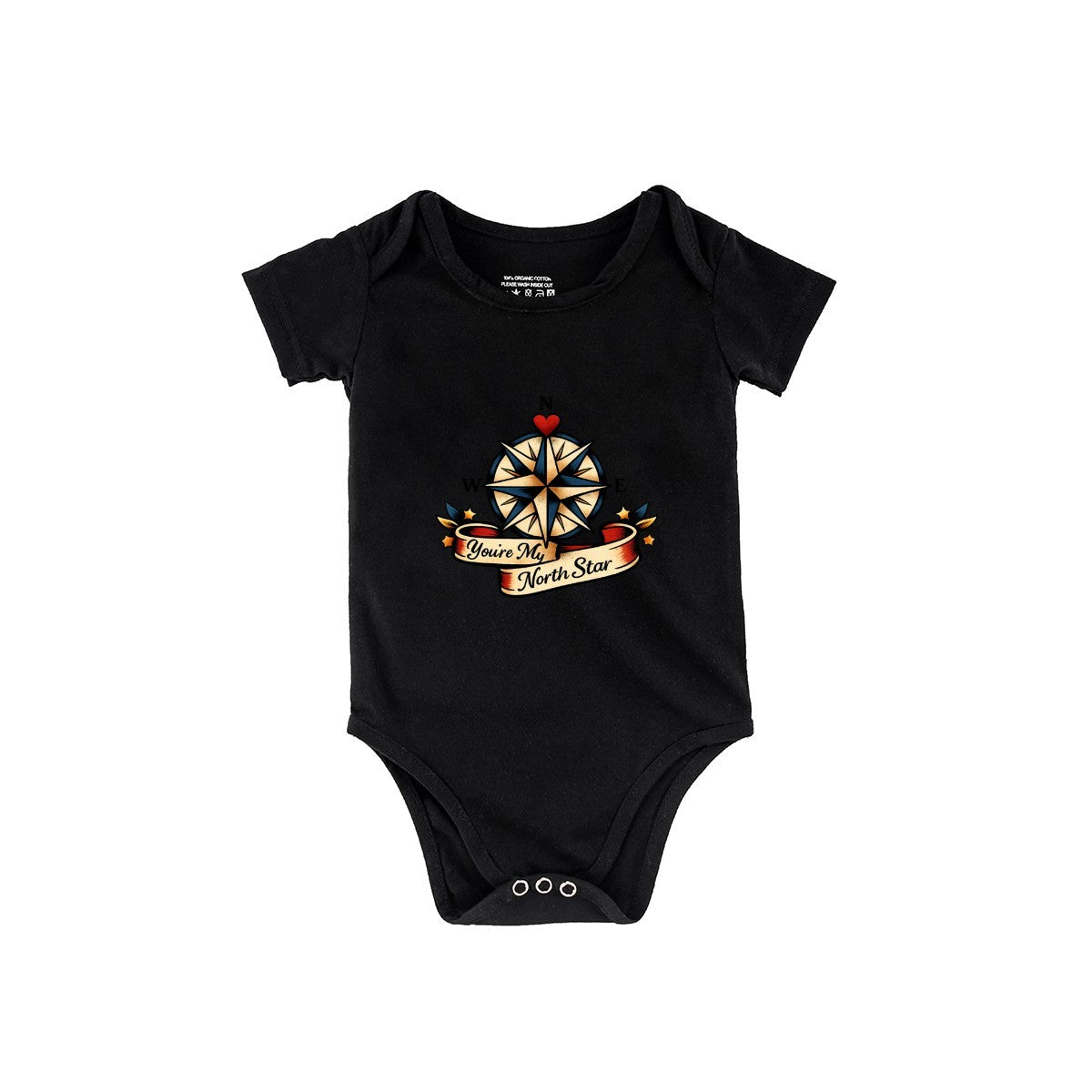 Black baby onesie with a colorful graphic design on a white background