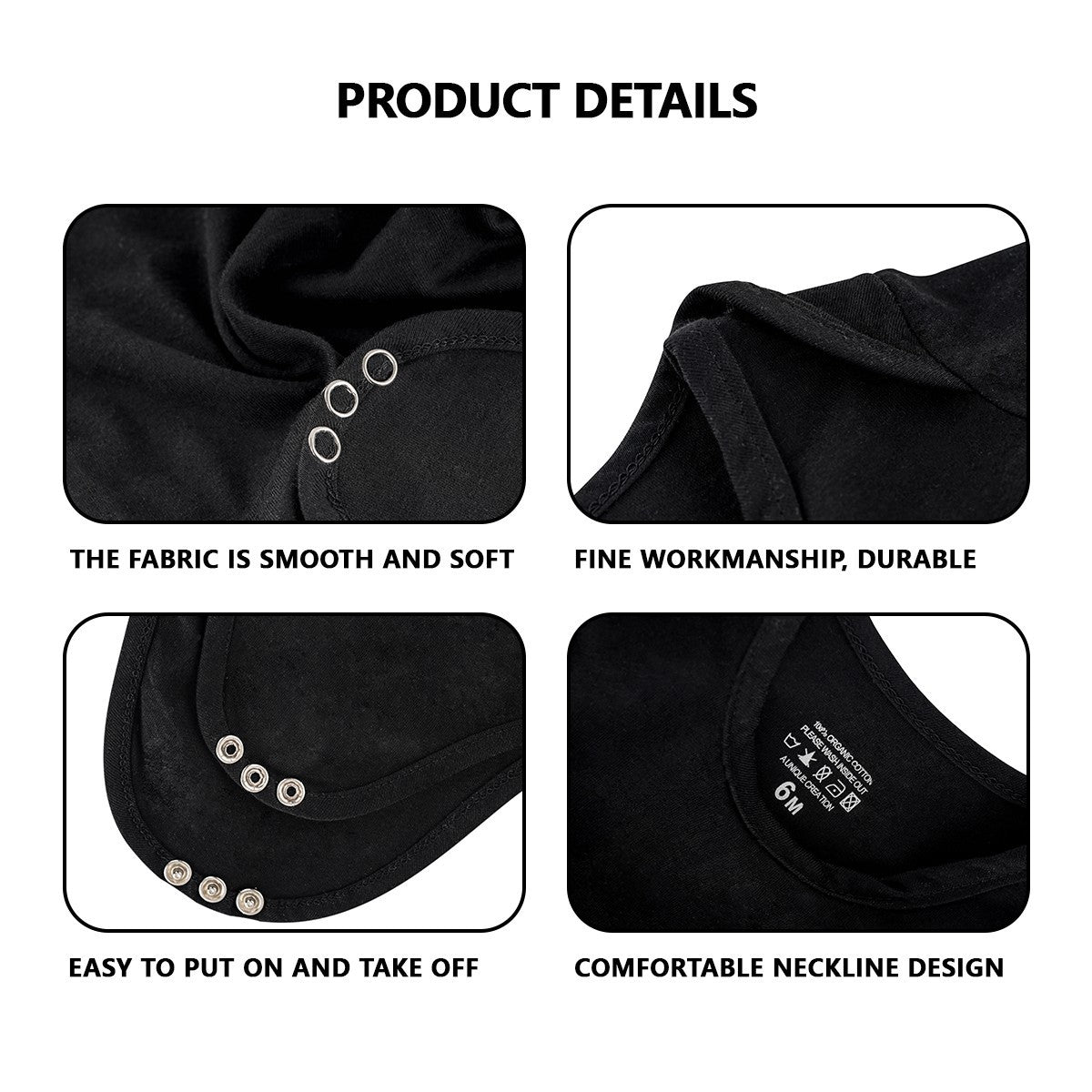 Product details of a black garment with fabric, workmanship, and design features.