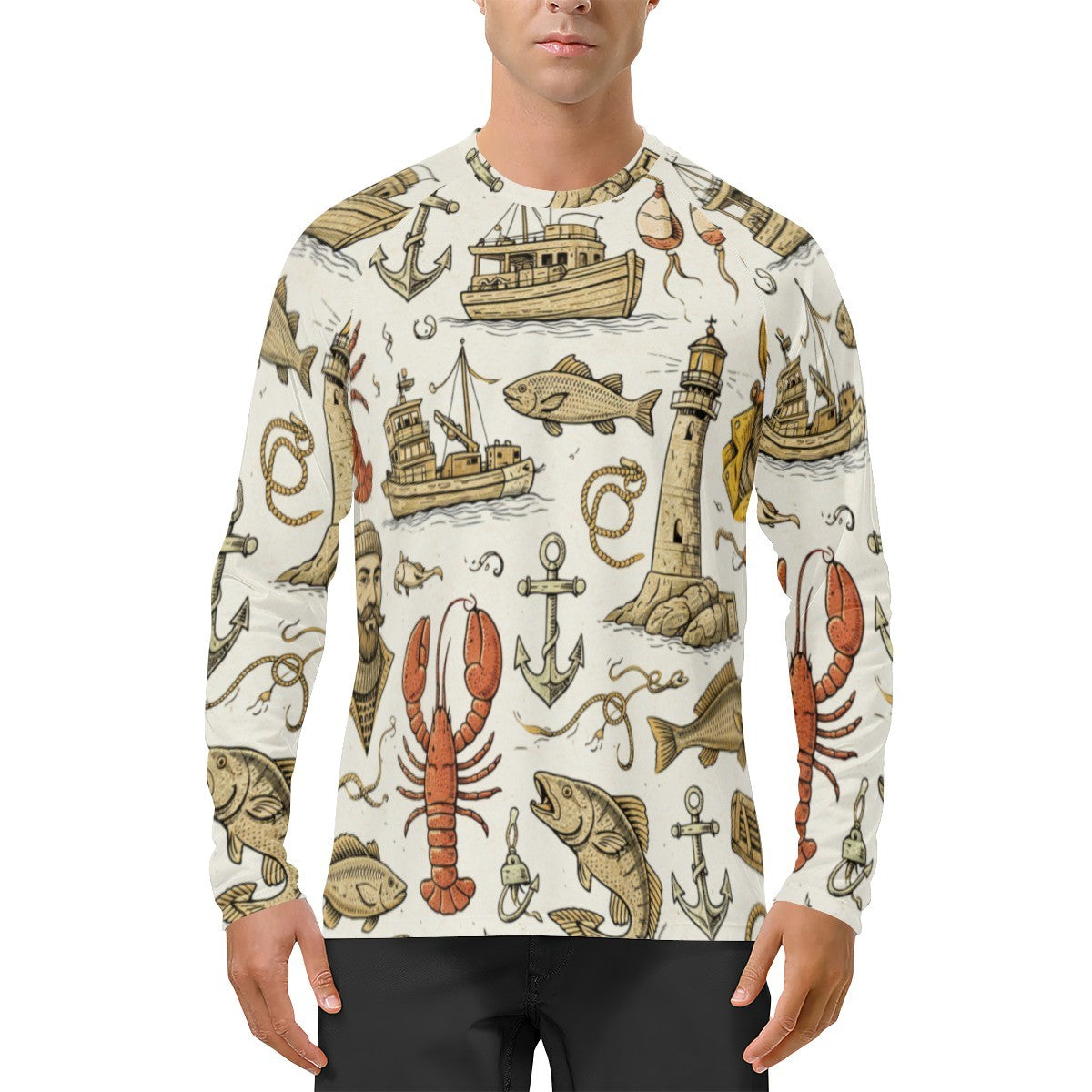 Person wearing a long-sleeve shirt with nautical-themed pattern on a white background