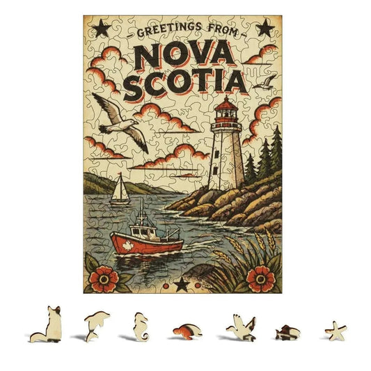 Greetings From Nova Scotia Wooden Puzzle – Irregular Animal-Shaped Solid Wood Jigsaw | Maritime Canada Gift Other Holiday Items jjkks4-13