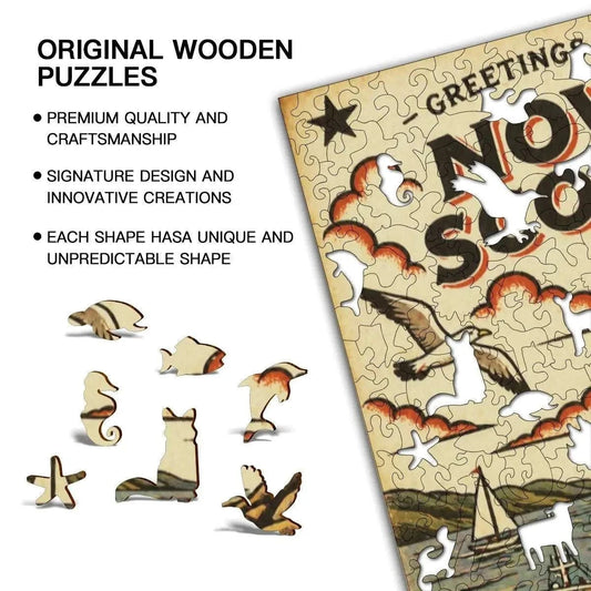 Greetings From Nova Scotia Wooden Puzzle – Irregular Animal-Shaped Solid Wood Jigsaw | Maritime Canada Gift Other Holiday Items jjkks4-13