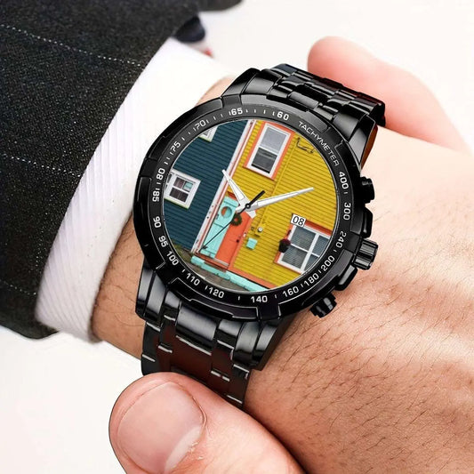 Jellybean House Newfoundland Watch – Colorful Coastal Metal Timepiece with Scratch-Resistant Crystal