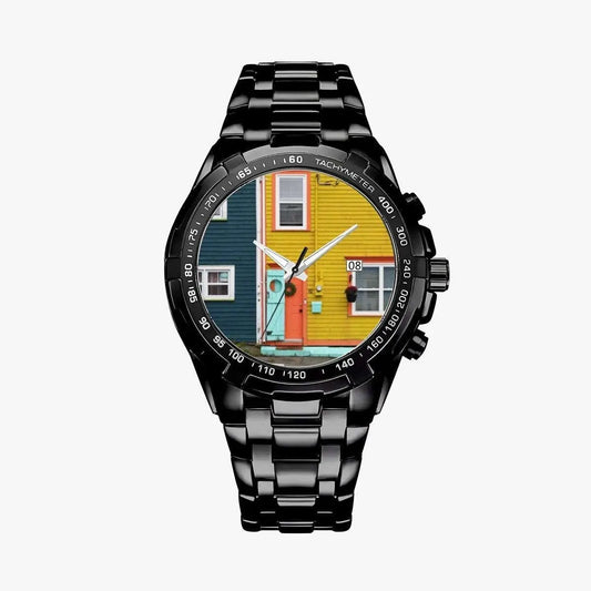 Jellybean House Newfoundland Watch – Colorful Coastal Metal Timepiece with Scratch-Resistant Crystal
