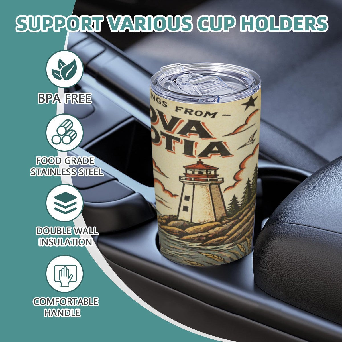 Tumbler with lighthouse design in a car cup holder, featuring text and icons about product features.