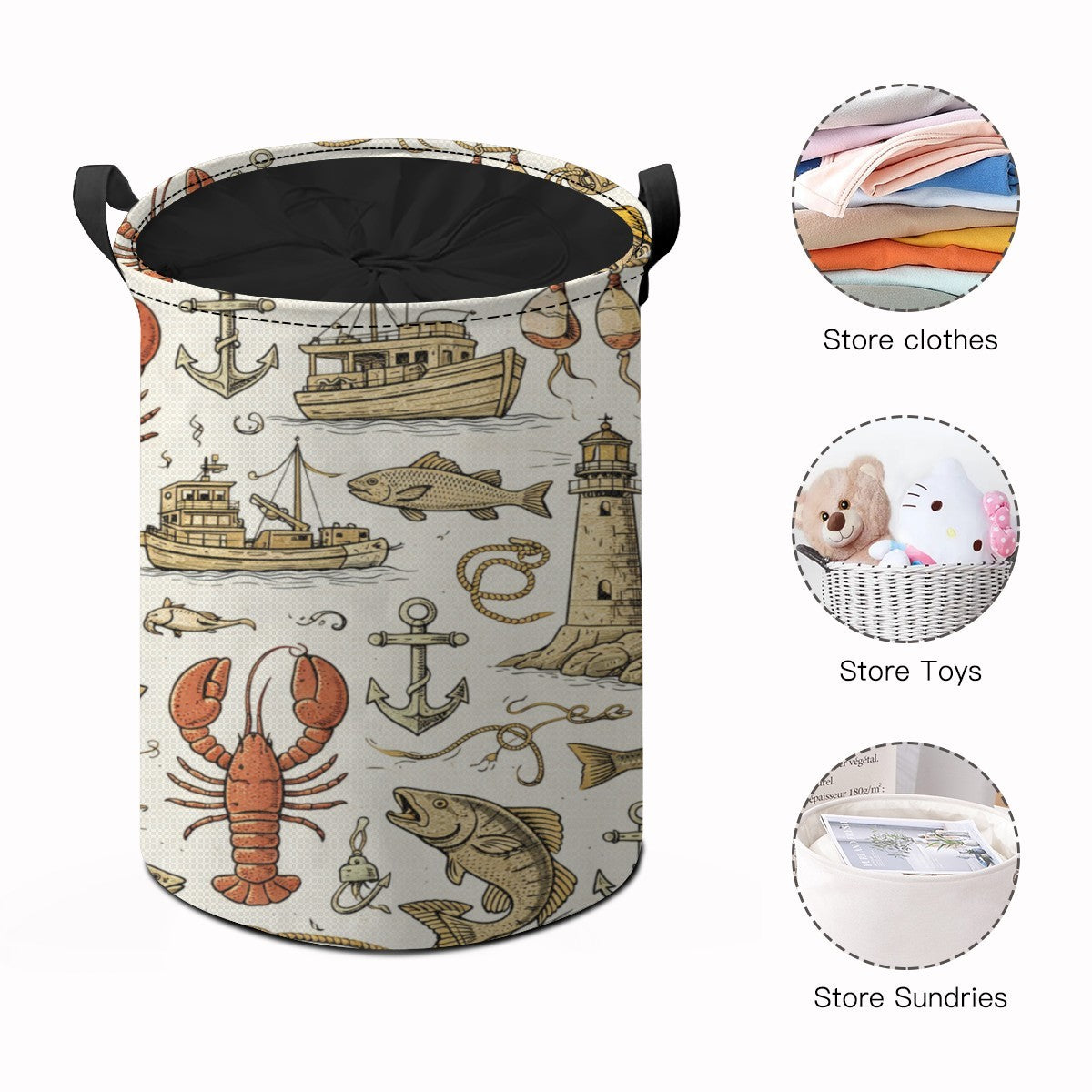 Cylindrical storage basket with nautical design on a white background