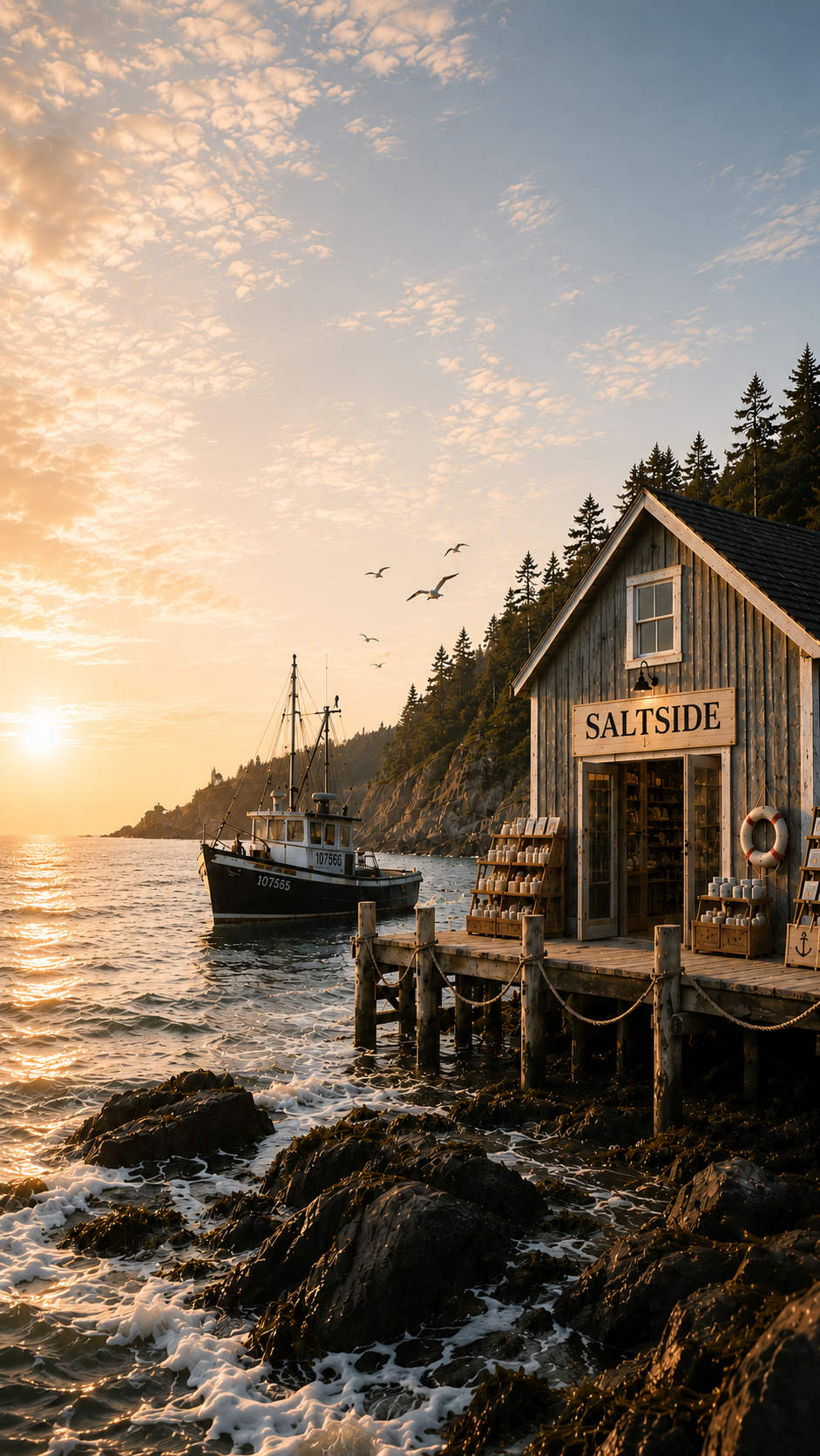 Coastal scene with a wooden building named 'Saltside' at sunset.
