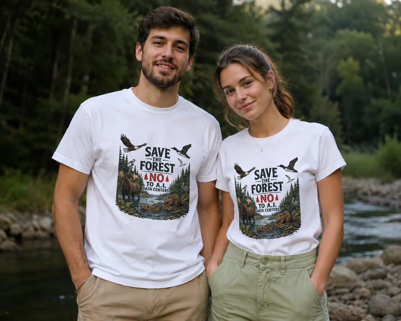 Man and woman standing beside a forest stream wearing matching white "Save the Forest – No to A.I. Data Centers" graphic T-shirts featuring moose, beavers, birds, and evergreen trees.
