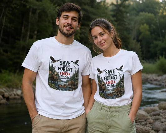 Man and woman standing beside a forest stream wearing matching white "Save the Forest – No to A.I. Data Centers" graphic T-shirts featuring moose, beavers, birds, and evergreen trees.