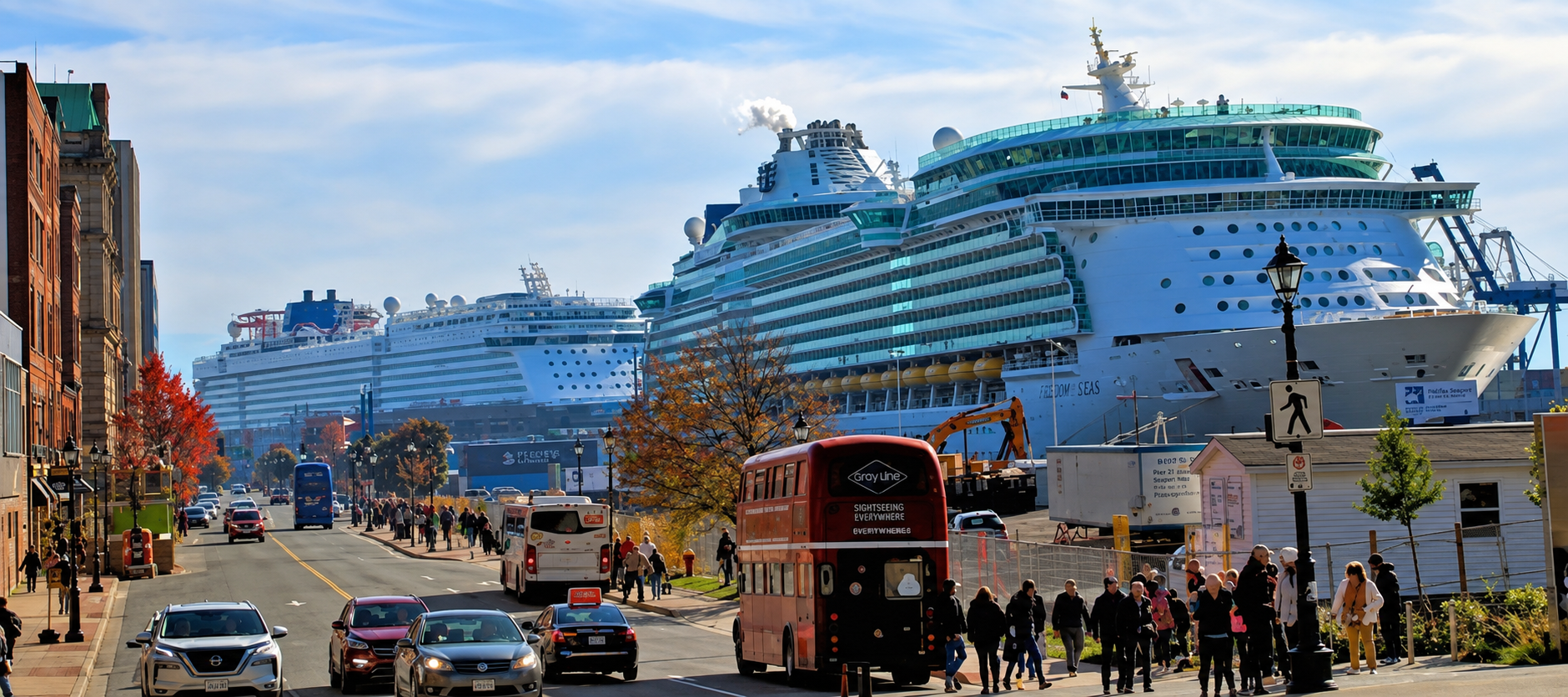 A scenic harbor view with two large cruise ships docked in the background, a red double-decker bus in the foreground, pedestrians along the waterfront, and city buildings lining the left side.