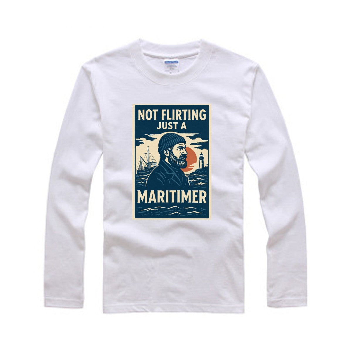 White long-sleeve shirt with a graphic design and text on a white background