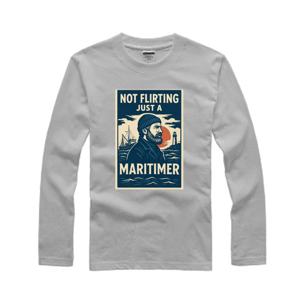 Gray long-sleeve shirt with a graphic and text on a white background