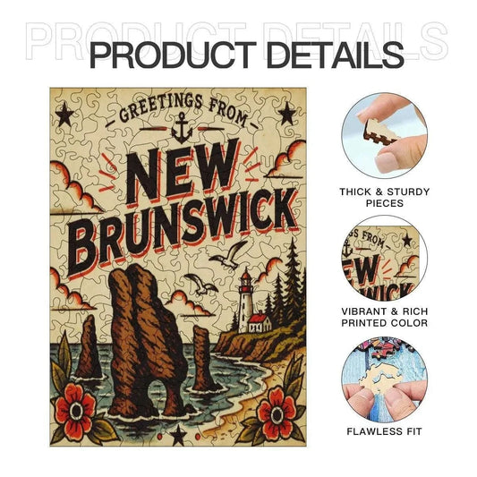 Greetings From New Brunswick Wooden Puzzle – Irregular Animal-Shaped Solid Wood Jigsaw | Maritime Canada Gift