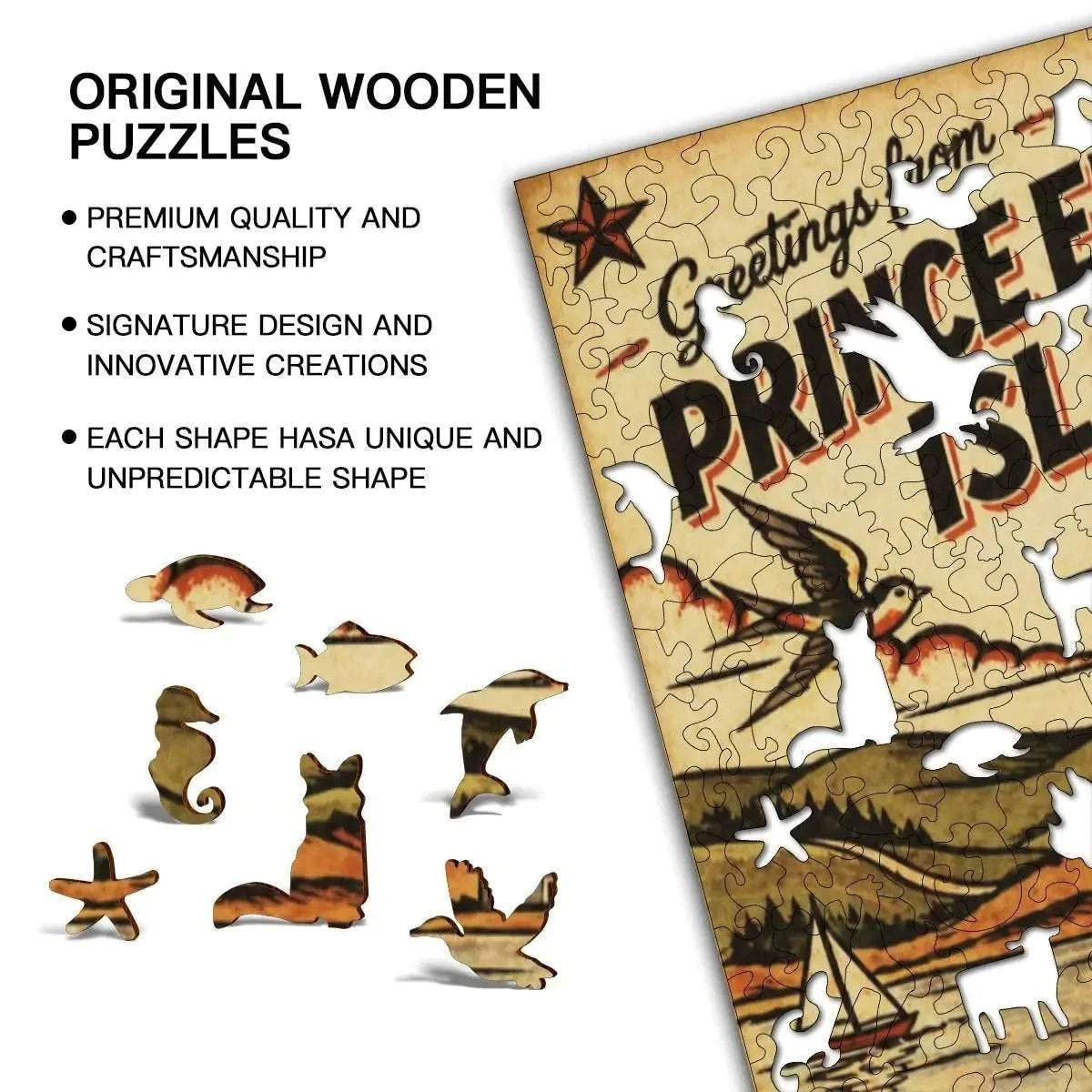 Greetings From Prince Edward Island Wooden Puzzle – Irregular Animal-Shaped Solid Wood Jigsaw | PEI Souvenir Gift