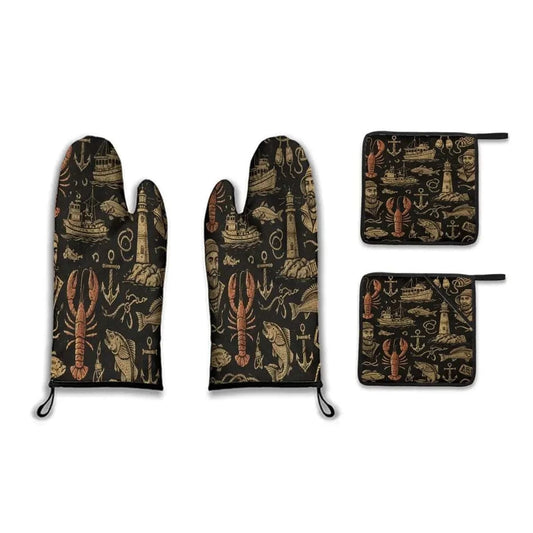 Harbor Catch Kitchen Guard Set – Fisherman Pattern Oven Mitts & Pot Holders | Coastal Kitchen Accessories