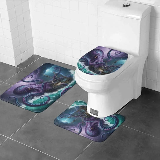 Kraken Tide Captain Bathroom Rug Set – Nautical 3-Piece Flannel Toilet Mat Set | Ocean-Themed Bathroom Decor