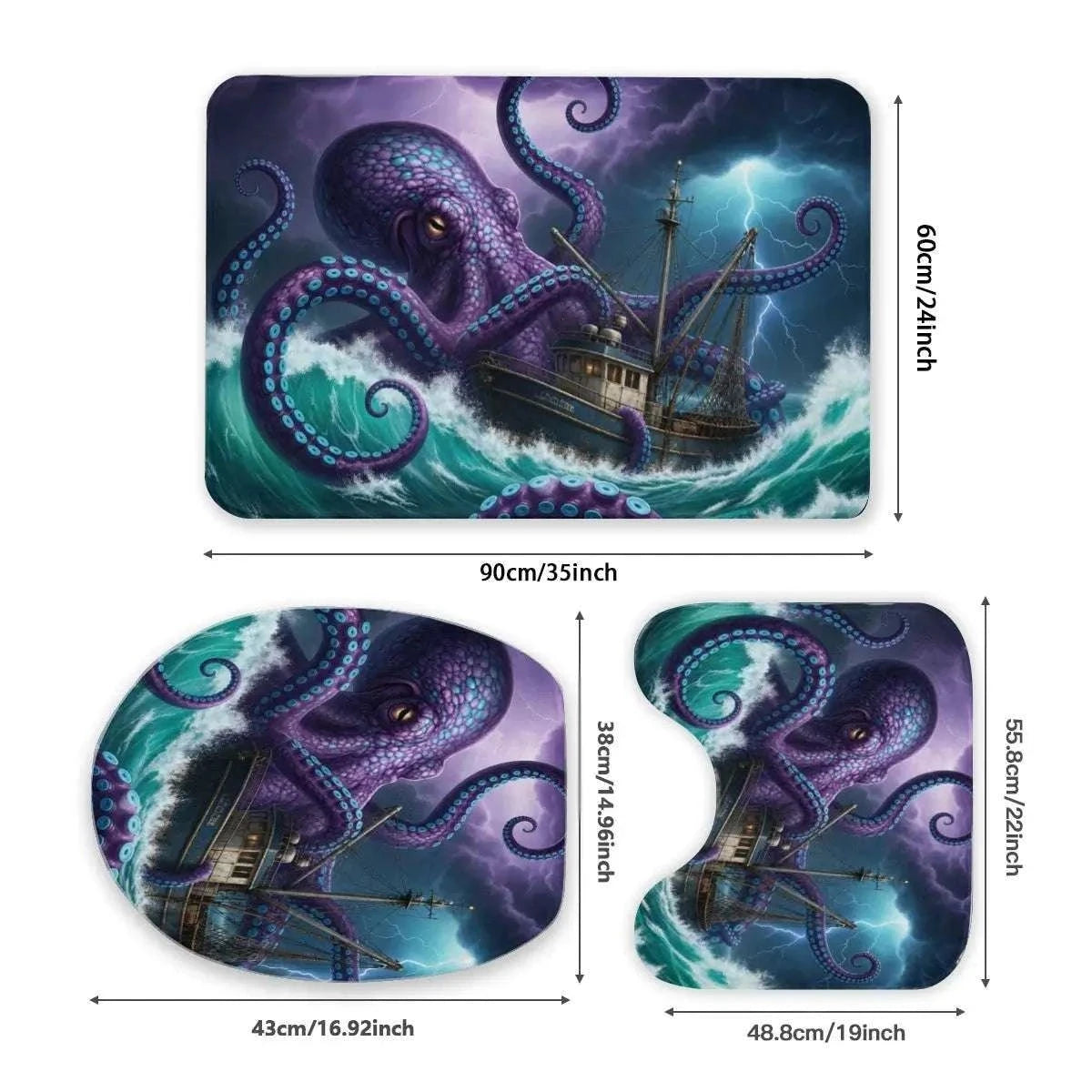 Kraken Tide Captain Bathroom Rug Set – Nautical 3-Piece Flannel Toilet Mat Set | Ocean-Themed Bathroom Decor