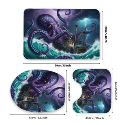 Kraken Tide Captain Bathroom Rug Set – Nautical 3-Piece Flannel Toilet Mat Set | Ocean-Themed Bathroom Decor
