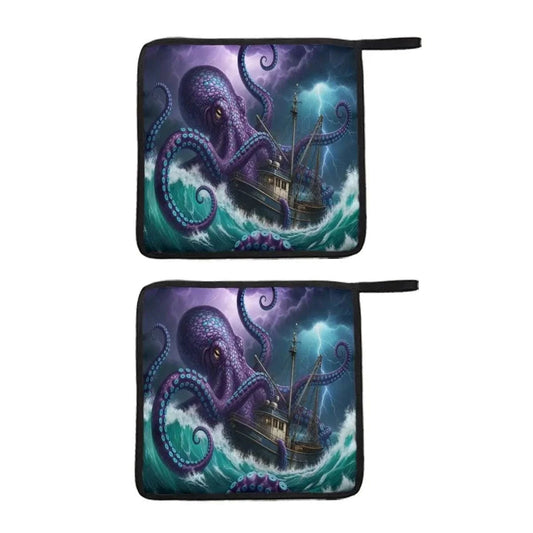 Kraken Tide Captain Pot Holders – Nautical Polyester Heat Resistant Kitchen Accessories | Coastal Kitchen Decor