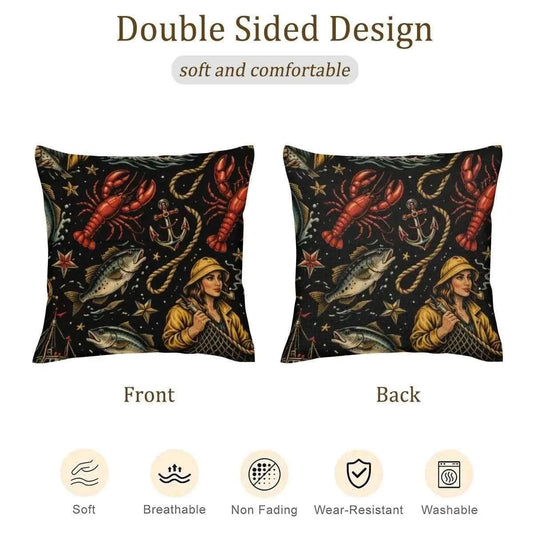 Maritime Treasures Fisherwomen Throw Pillow – Coastal Linen Cushion with Storage Pocket | Nautical Home Decor