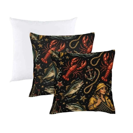 Maritime Treasures Fisherwomen Throw Pillow – Coastal Linen Cushion with Storage Pocket | Nautical Home Decor