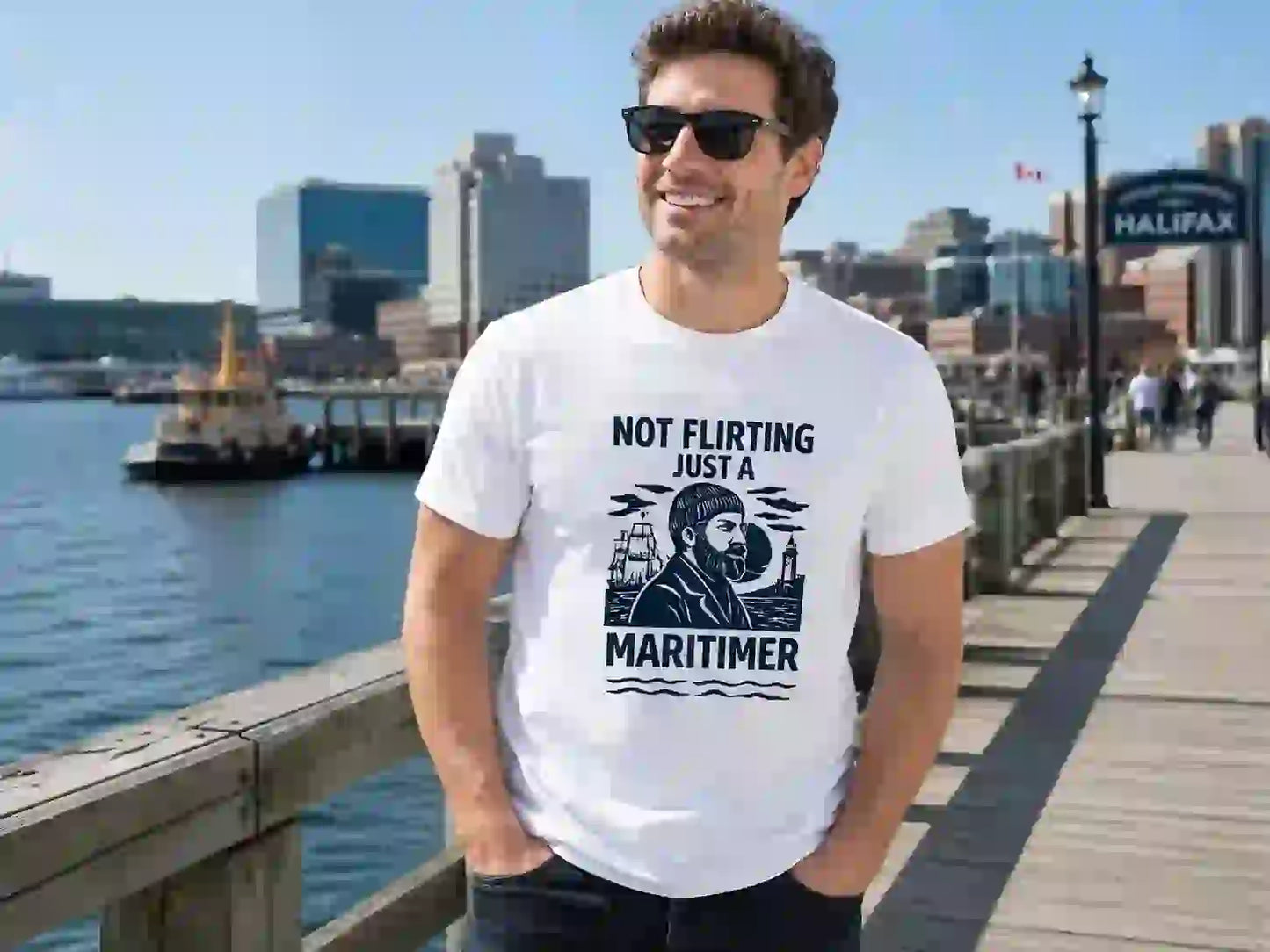 Man wearing a white 'Not Flirting Just a Maritimer' graphic T-shirt on the Halifax waterfront in Nova Scotia.
