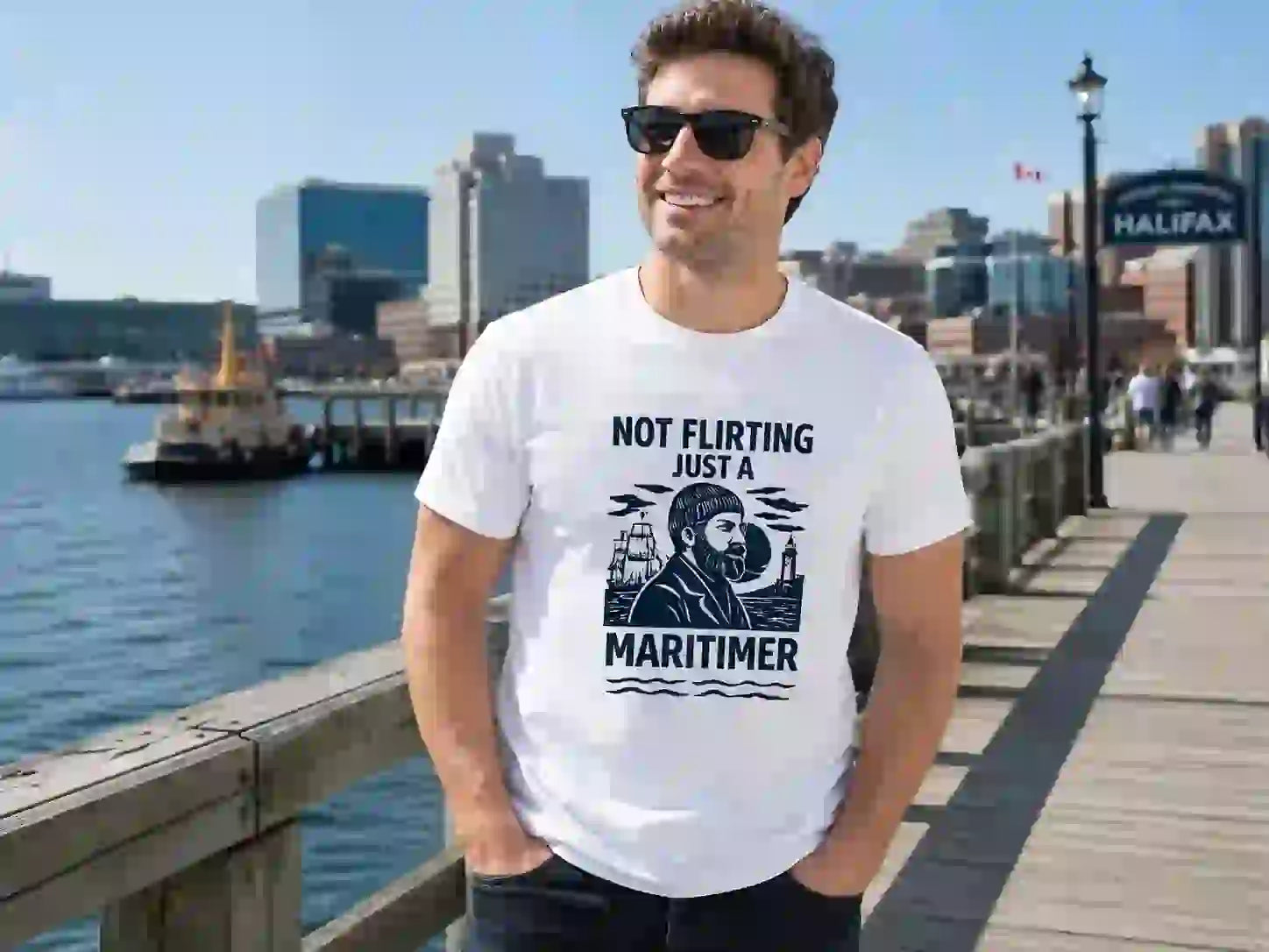 Man wearing a white 'Not Flirting Just a Maritimer' graphic T-shirt on the Halifax waterfront in Nova Scotia.