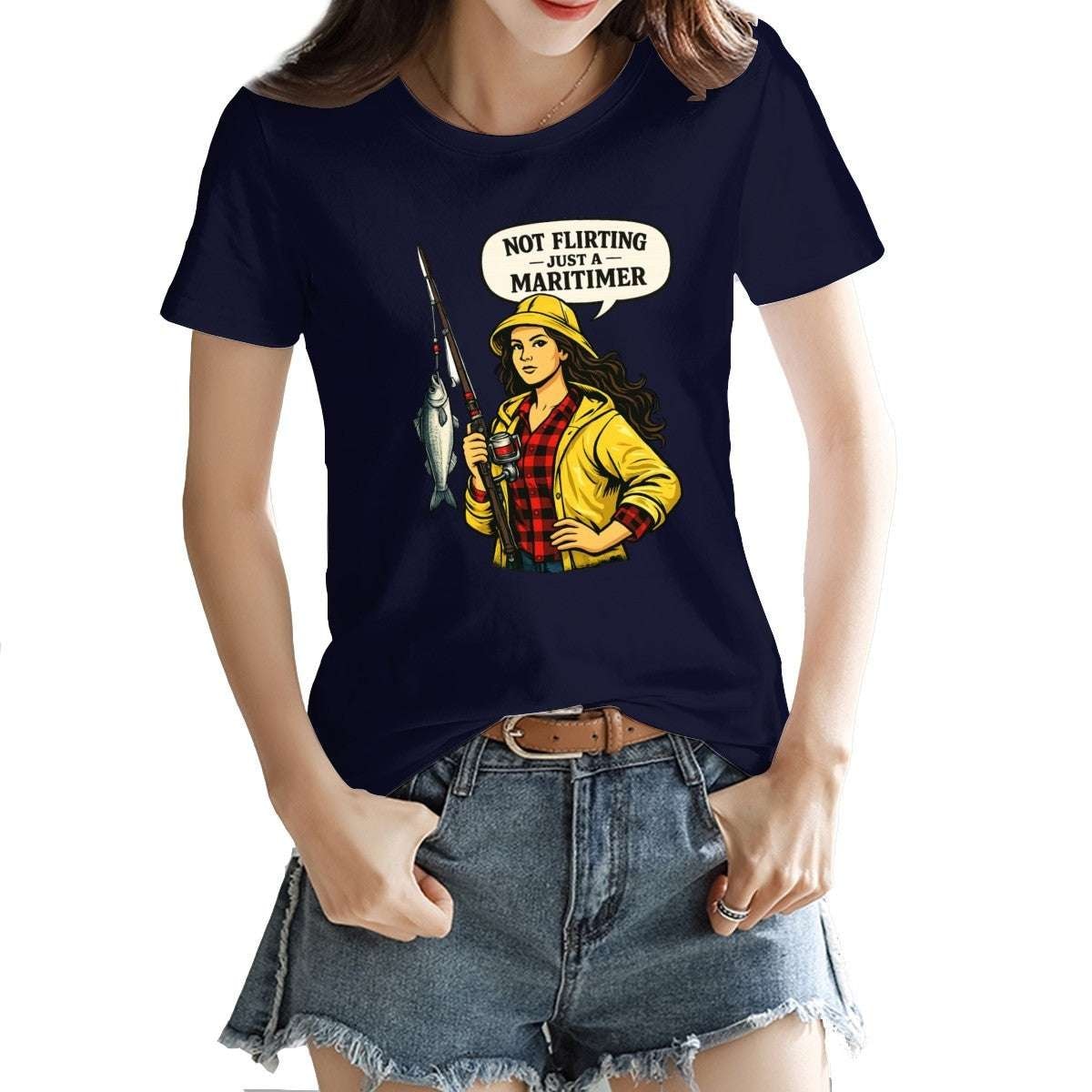 Person wearing a navy blue t-shirt with a graphic and text 'Not flirting just a Mariner' on a white background