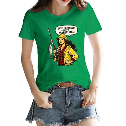 Person wearing a green t-shirt with a graphic design and text.