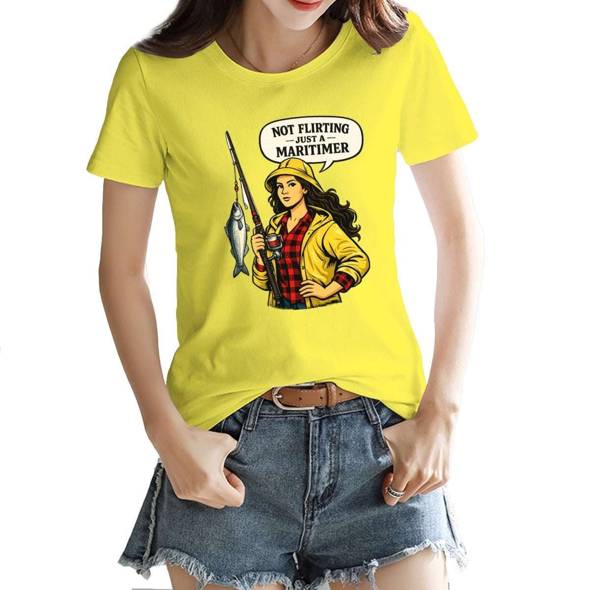 Person wearing a yellow t-shirt with a graphic design and text.