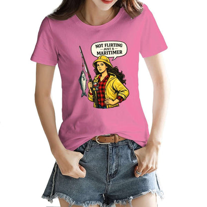 Person wearing a pink t-shirt with a graphic design and text.