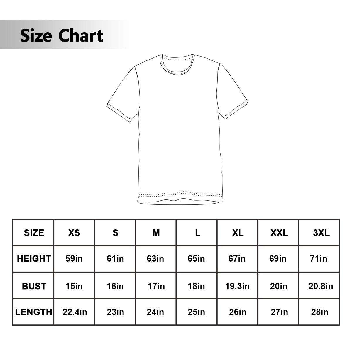 Size chart for a t-shirt with measurements in inches.