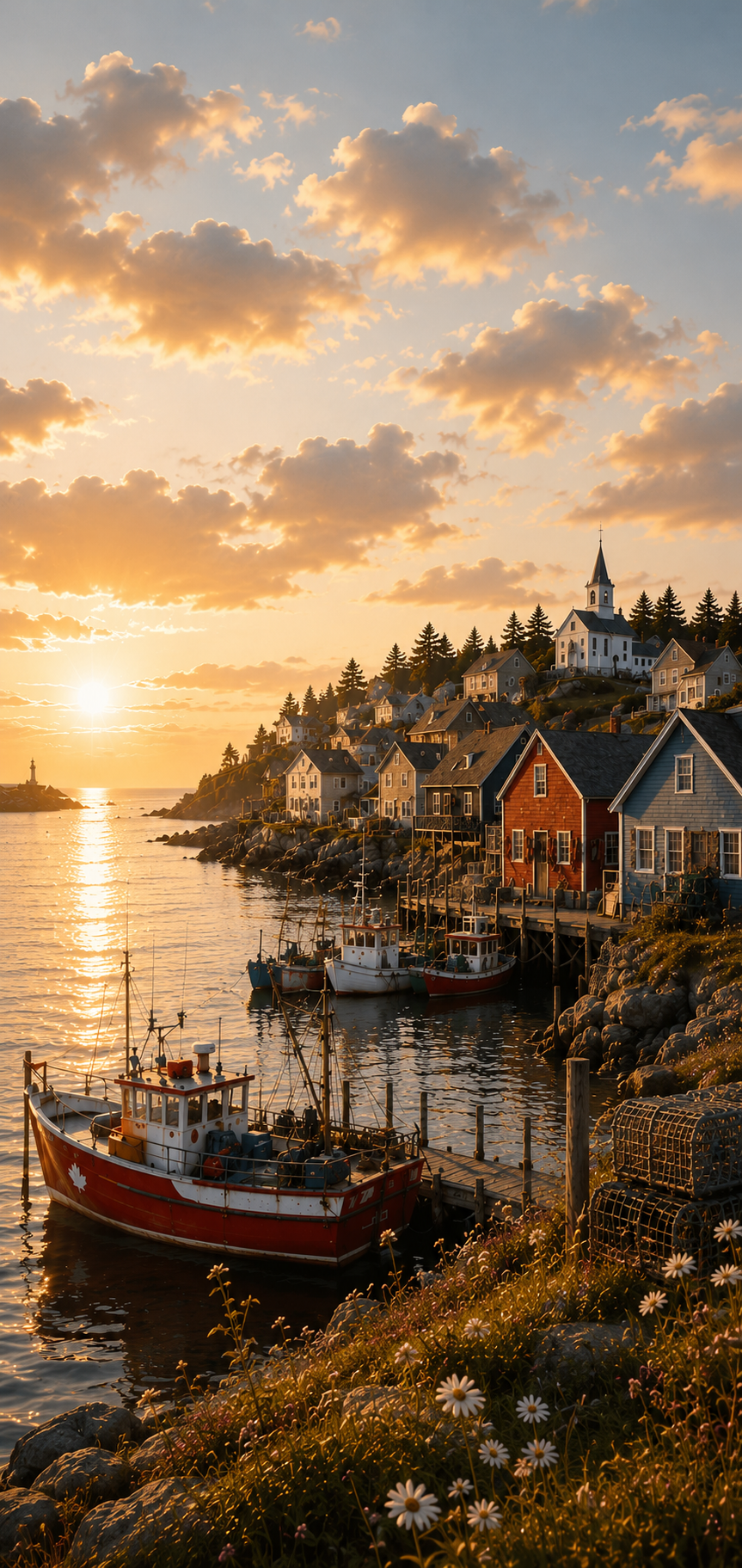 Sunset over a coastal town with boats and houses.