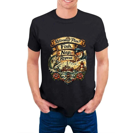Retirement Plan? Fish Nap Repeat T-Shirt – Funny Fishing Graphic Tee | Soft Ring-Spun Cotton Shirt