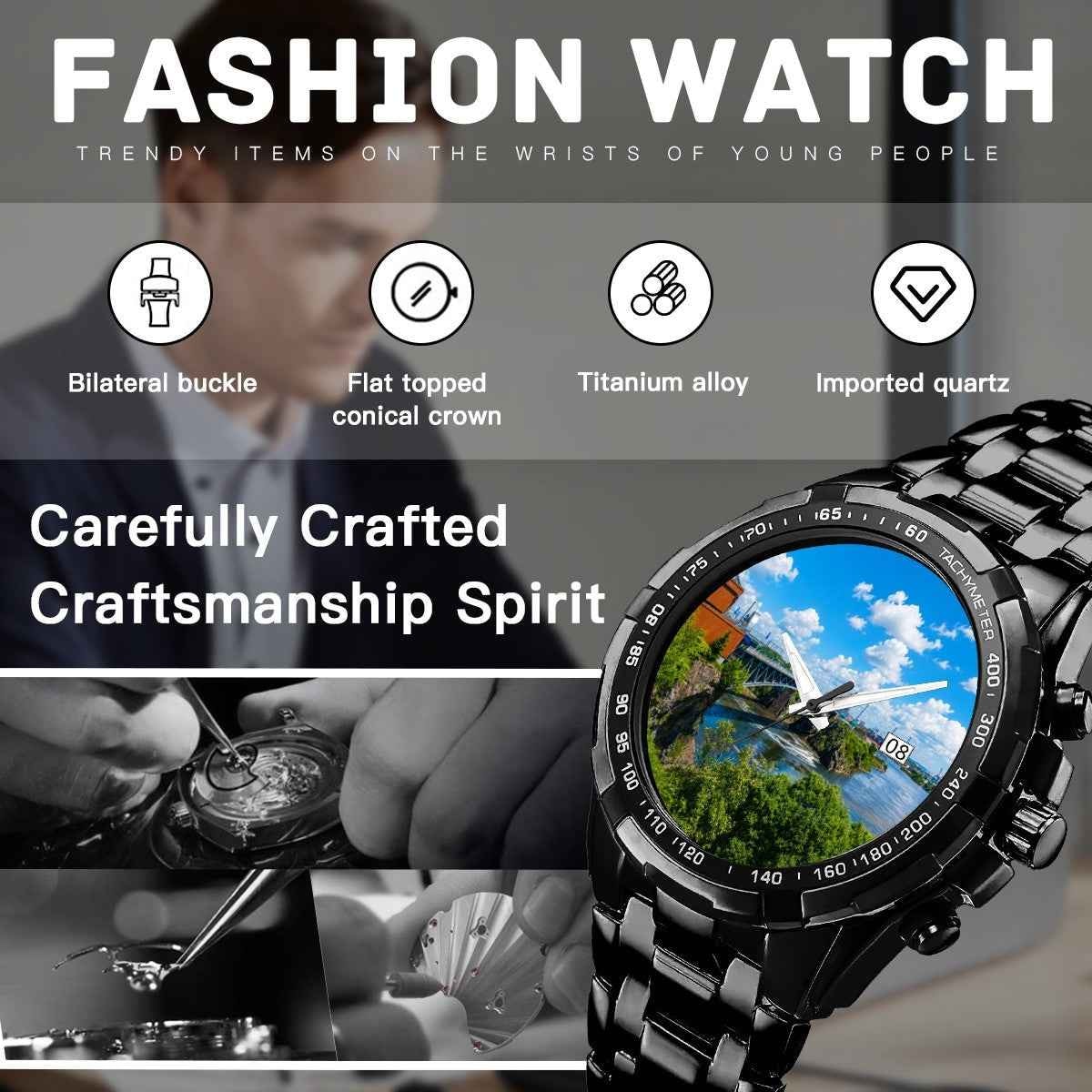 Reversing Falls Bridge Watch – Saint John New Brunswick Scenic Metal Wristwatch | Maritime Souvenir Gift