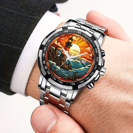 Sunset Sentinel Stained Glass Lighthouse Watch | Atlantic Coastal Art Timepiece