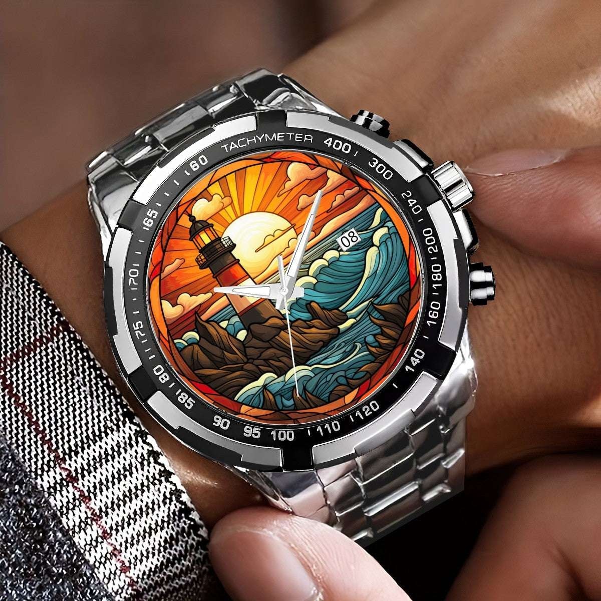 Sunset Sentinel Stained Glass Lighthouse Watch | Atlantic Coastal Art Timepiece